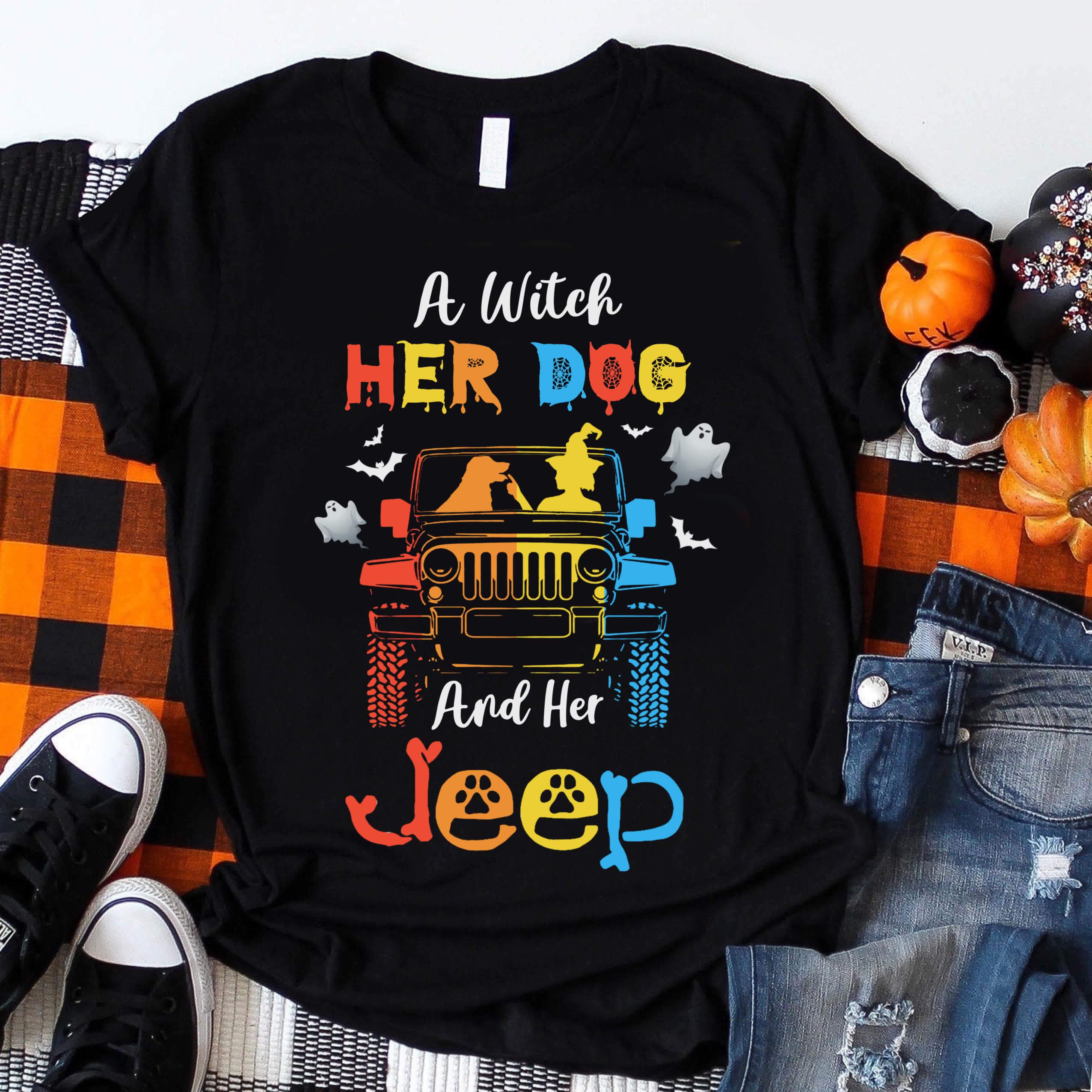 Witch Love Dog And Jeep Halloween Costume Tshirt Gifts Women Lt11