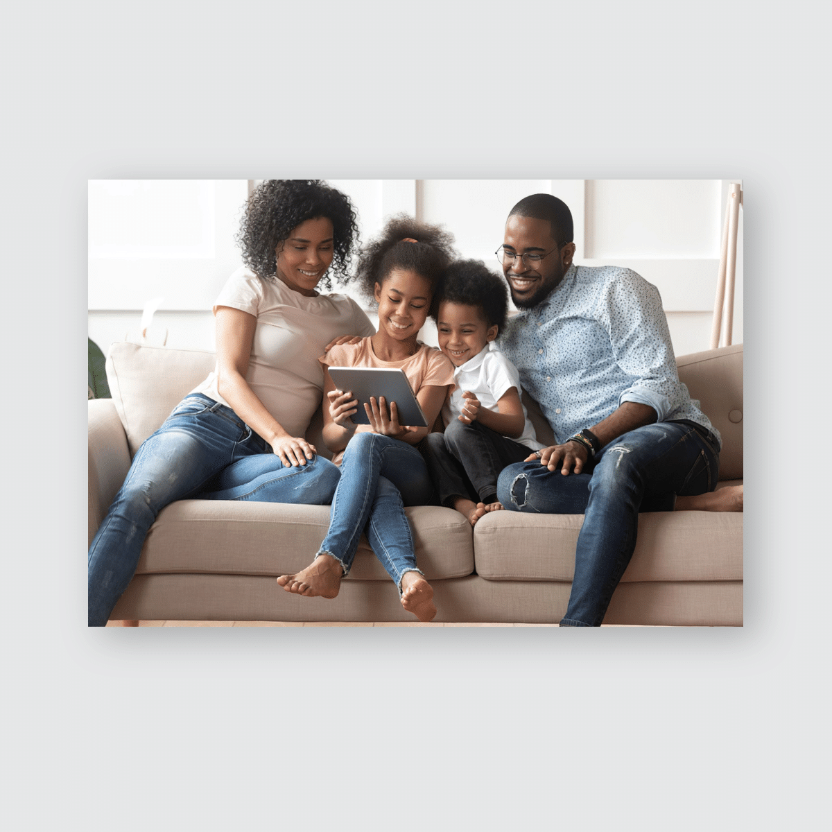 Smiling Young African American Family Sit Poster, Pillow Case, Tumbler, Sticker, Ornament