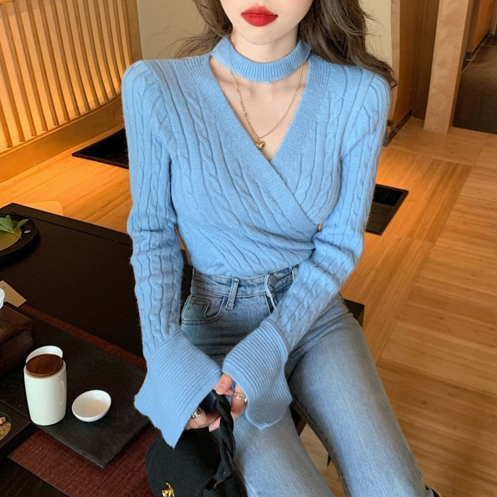 Sweet Halter V-neck Hollow Out Sweaters for Women Knitted Slim Crop Top Ladies Fashion Autumn Winter Pullovers Korean Style New alx