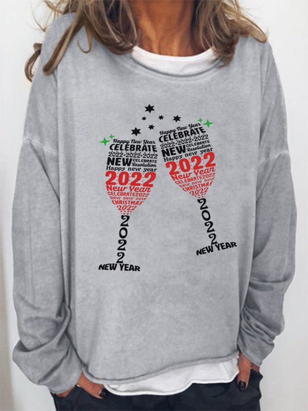 2022 Letters Printed Casual Round Neck Loosen Long Sleeve Top