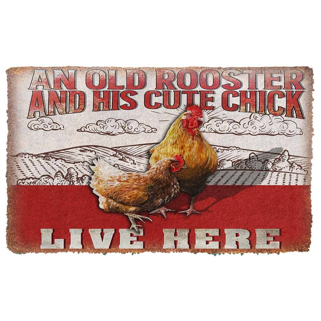 Alohazing 3D An Old Rooster And His Cute Chick Live Here Doormat