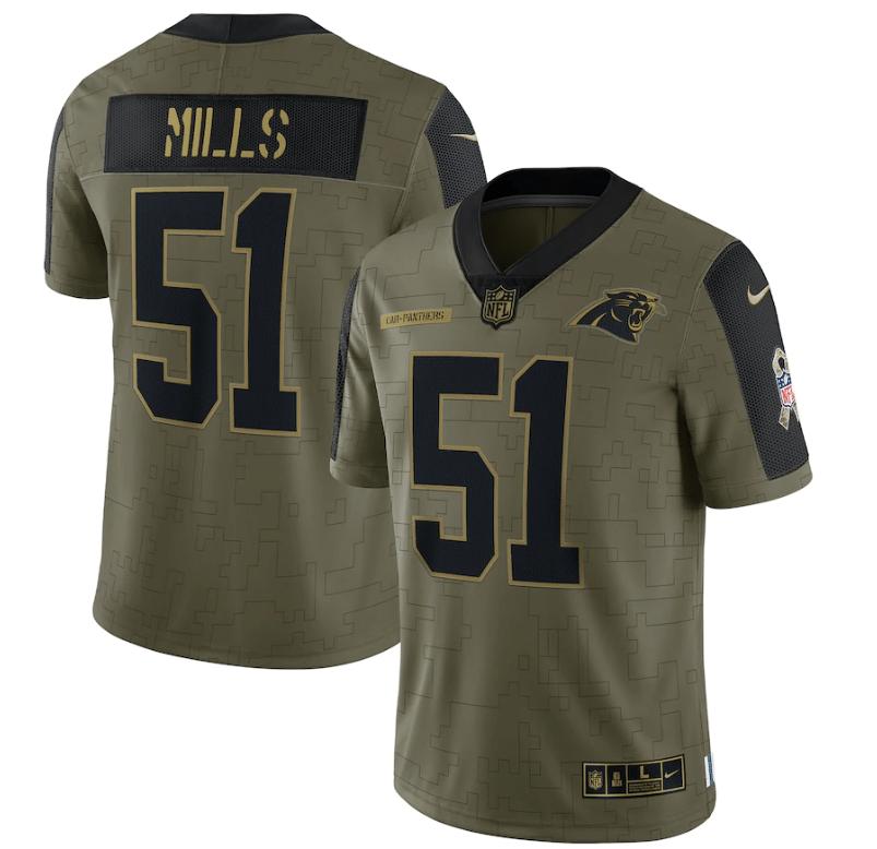 Carolina Panthers Sam Mills 51 NFL Olive 2021 Salute To Service Player Men Jersey For Panthers Fans