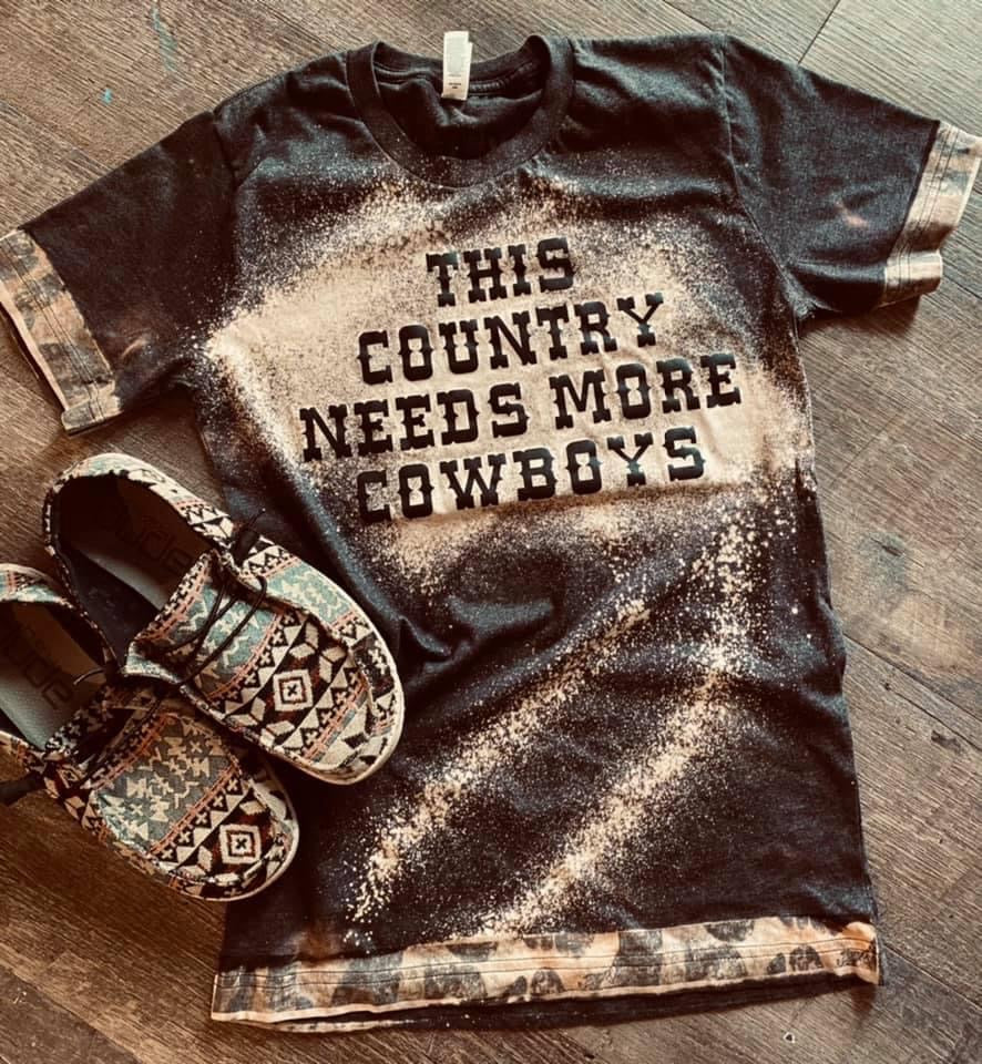 Charcoal Bleached This Country Needs More Cowboys Either Leopard Trim Graphic Tee