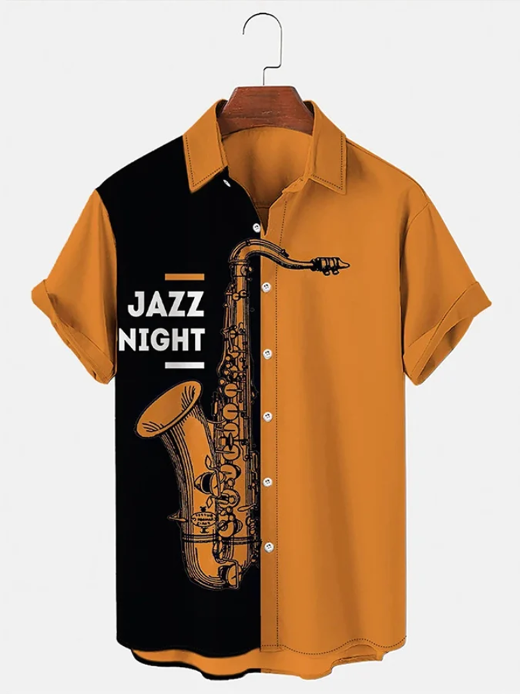 Fashionable Jazz Musical Instrument Print Color Contrast Men’S Shirt, Summer Gift For Women, Men