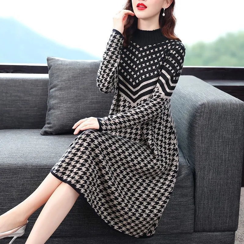 Vintage Houndstooth Loose Knitted Dress Women Plus Size 5Xl 6Xl Half Turtleneck Sweater Dress Fall Casual Knee Length Dresses alx