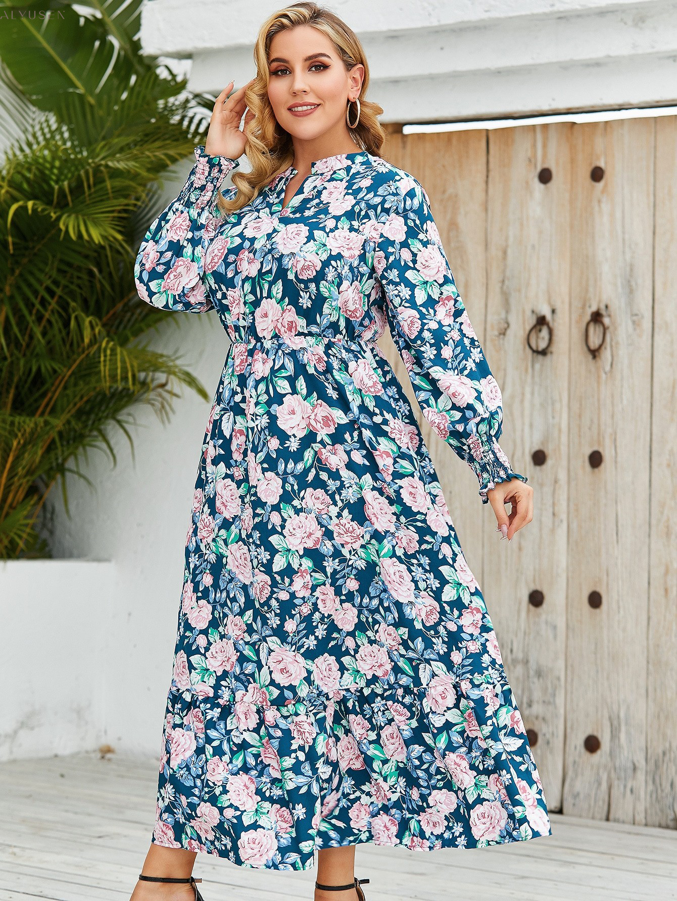 4XL New O-neck Modest Floral Maxi Long Sleeve Ladies Office Pleated Plus Size Dress alx