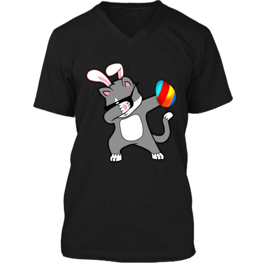 Easter Bunny Dabbing Cat Tshirt Easter Egg Tee Mens Printed V-Neck T