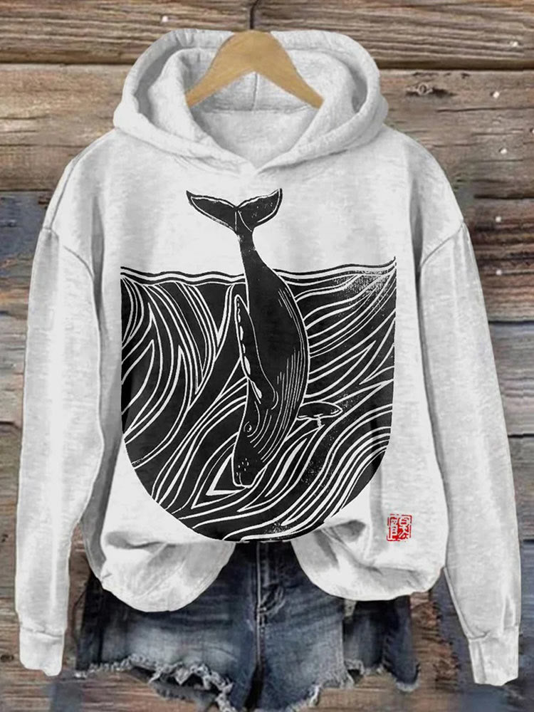 Whale & Waves Japanese Lino Art Comfy Hoodie