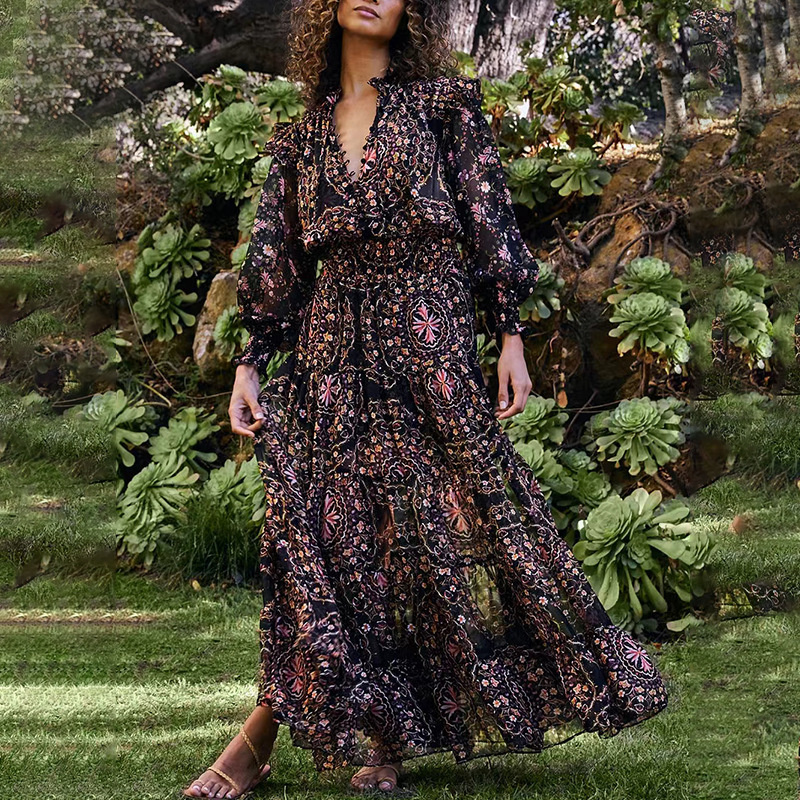 Summer Autumn Outfits Floral Women Maxi Dress Long Sleeve Single Breasted A Line Bohemian National Trench Beach Dress Purple alx