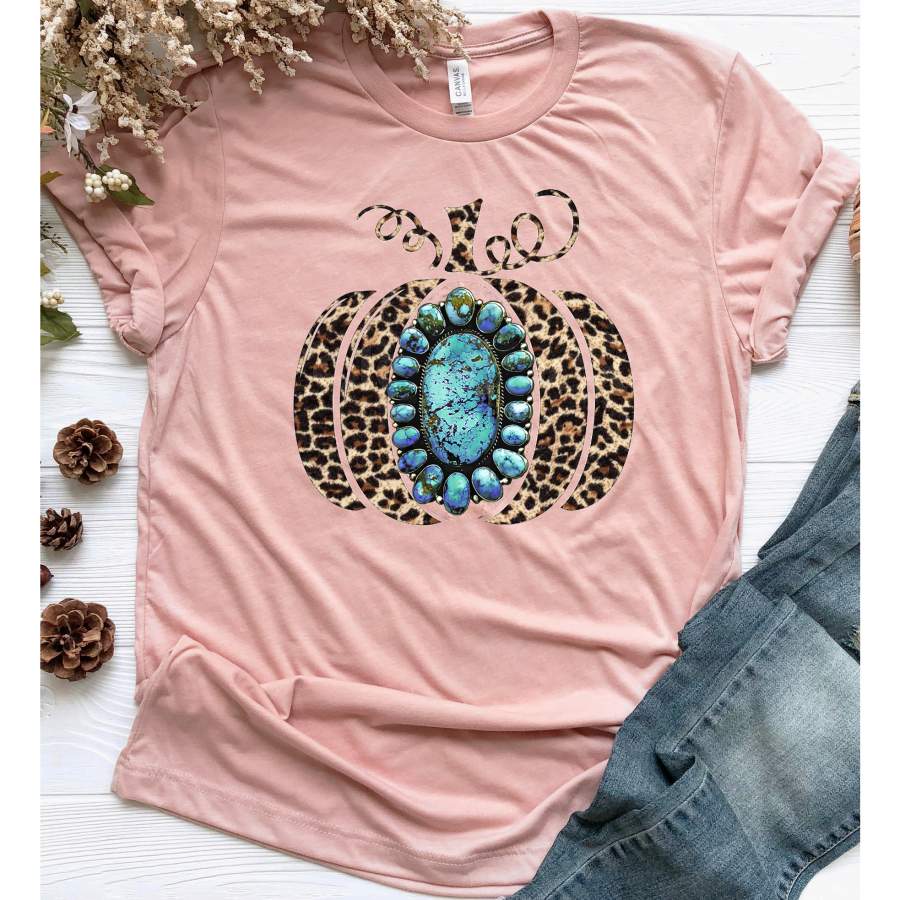 Turq Stone Leopard Pumpkin on PEACH Crewneck (Fits True to Size) **Turquoise Stone is Printed on the Tee**