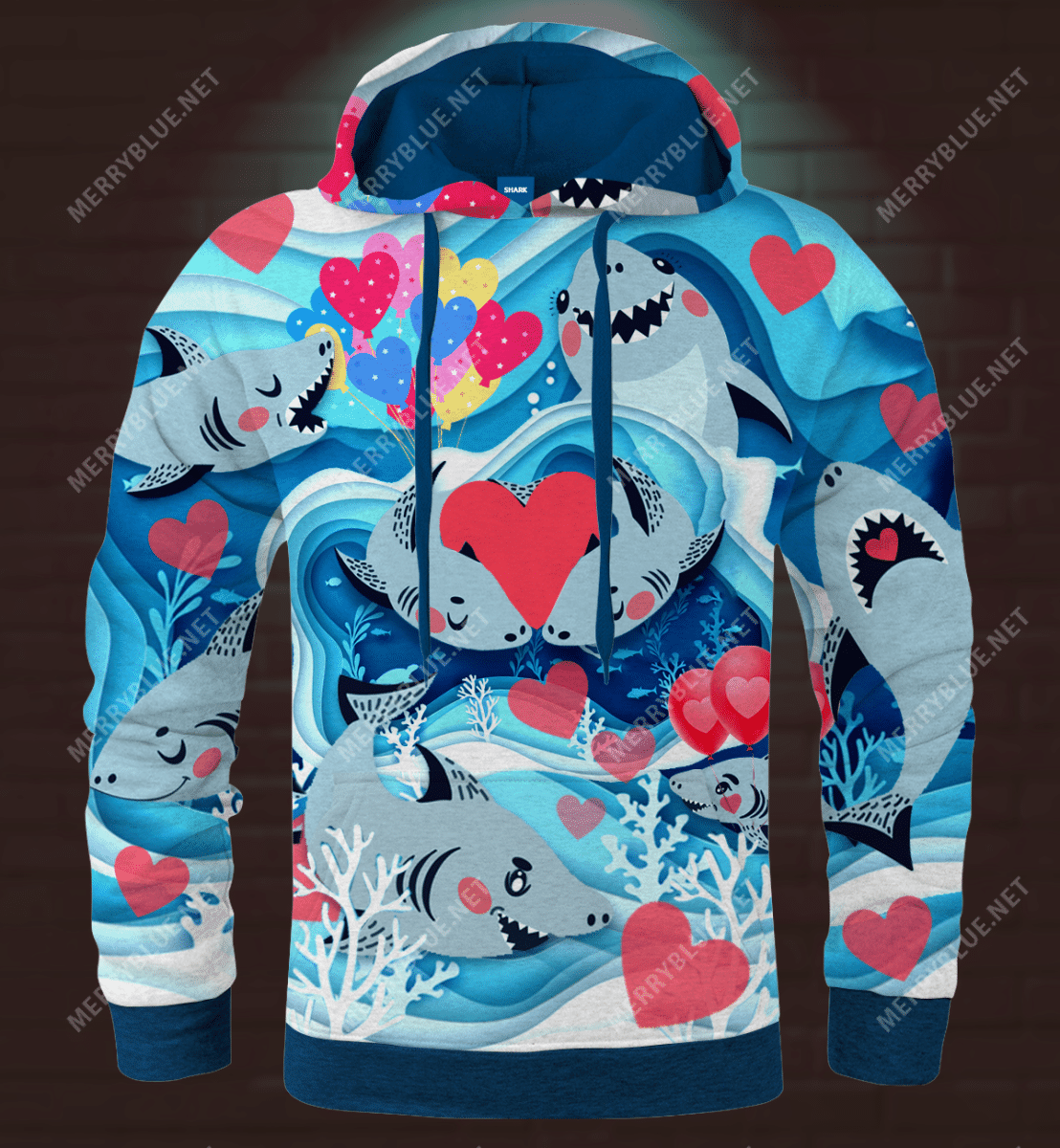 Shark Hoodie Love Couple Shark Hearts Cute Blue Hoodie Shark Week Hoodie Adult Full Size