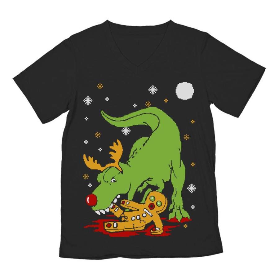 T-Rex Biting Gingerbread Ugly Christmas V-Neck T-Shirt