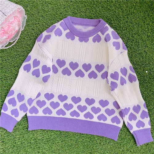 Autumn Winter French Sweet Knitted Pullover Girls Cute Lolita O-Neck Hearts Jacquard Sweater Women Harajuku Kawaii Knitwear Tops alx