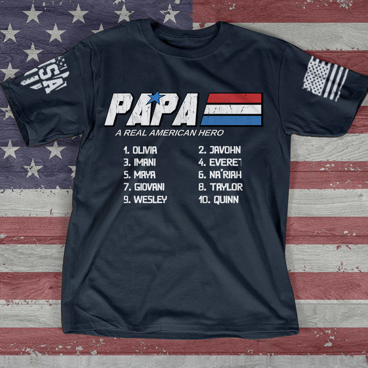 Personalized Papa A Real Men American Flag With Grandkid Shirt