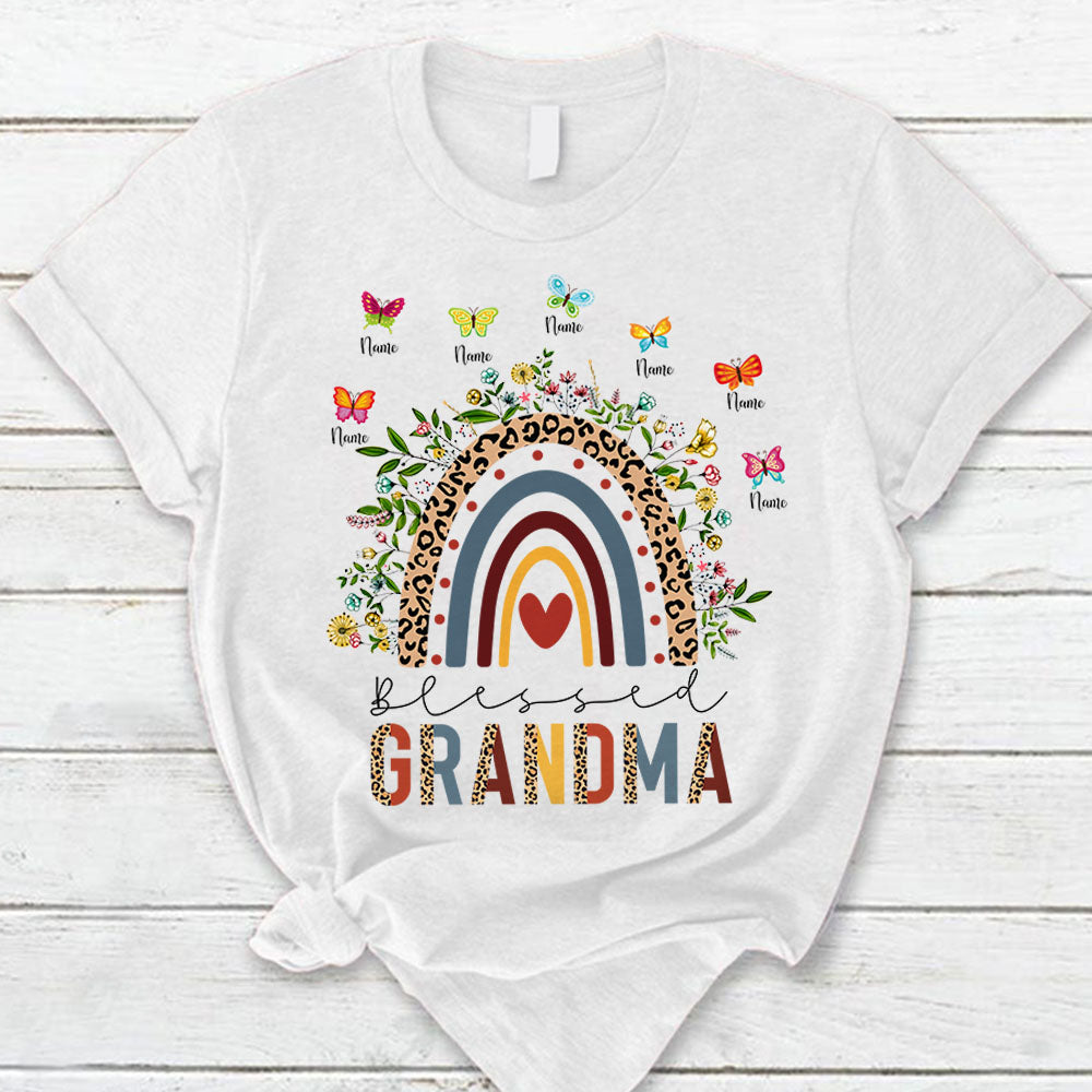 Personalized Blessed Grandma Leopard Retro Rainbow With Flowers & Butterflies Shirts For Grandma Hg98 Nh00