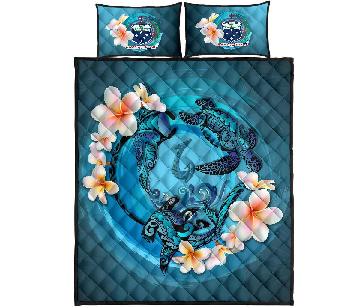 Samoa Polynesian Quilt Bed Set – Blue Plumeria Animal Tattoo A24