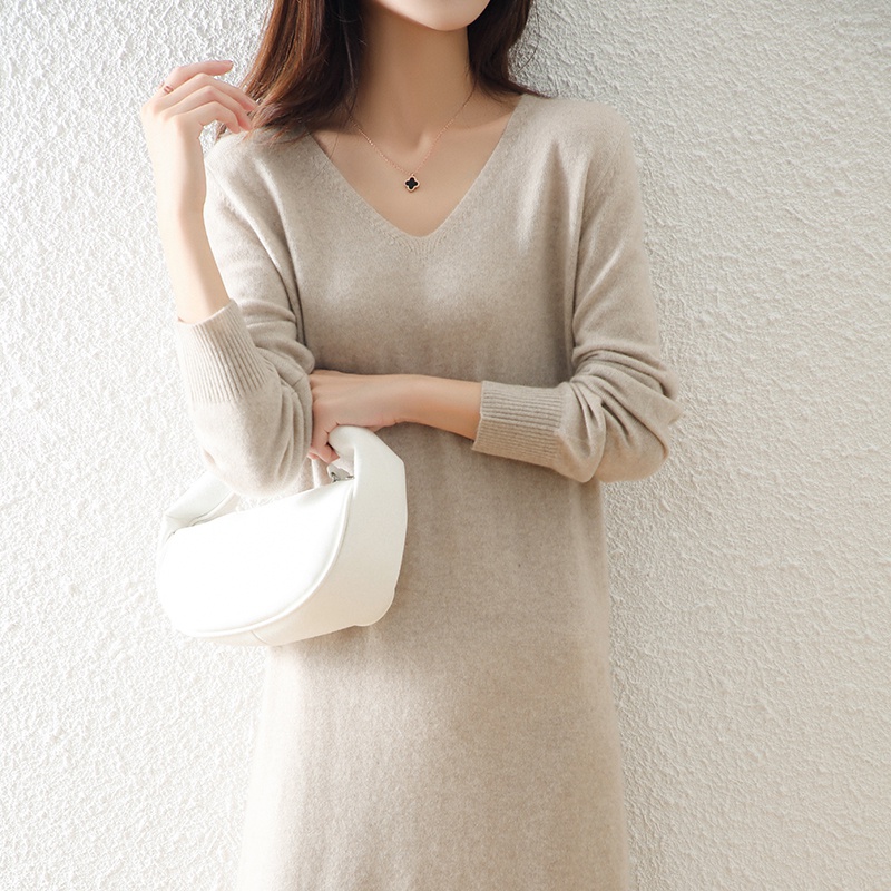 Zocept V Neck Long Knit Women Sweater Dress 100% Merino Wool Elegant Winter Long Sleeve Pullover Midi Dress Warm Party Dresses alx