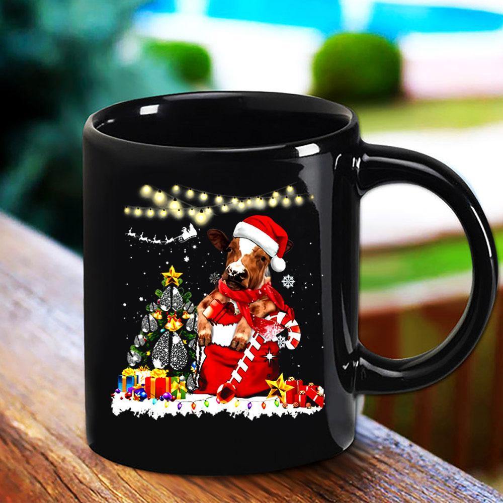 Cow Farm Merry Christmas Candy Cane Light Santa Hat Snow Gift Black Mug