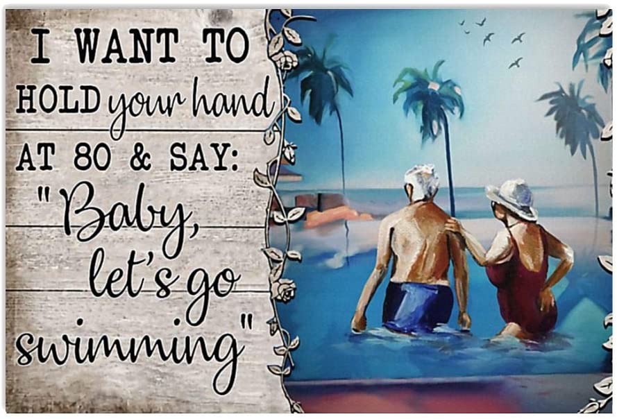 Vintage Old Couple I Want To Hold Your Hand At 80 And Say Go Swimming Poster Art Print      Home Decor Gift For Men Women Family Friend On Birthday Xmas