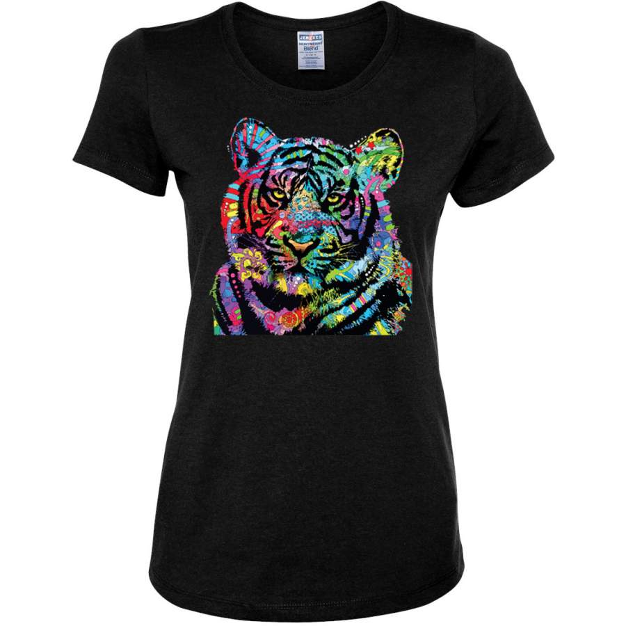 Cool Rainbow Neon Trippy Jungle Tiger Face Animal Lover Womens Graphic T-Shirt