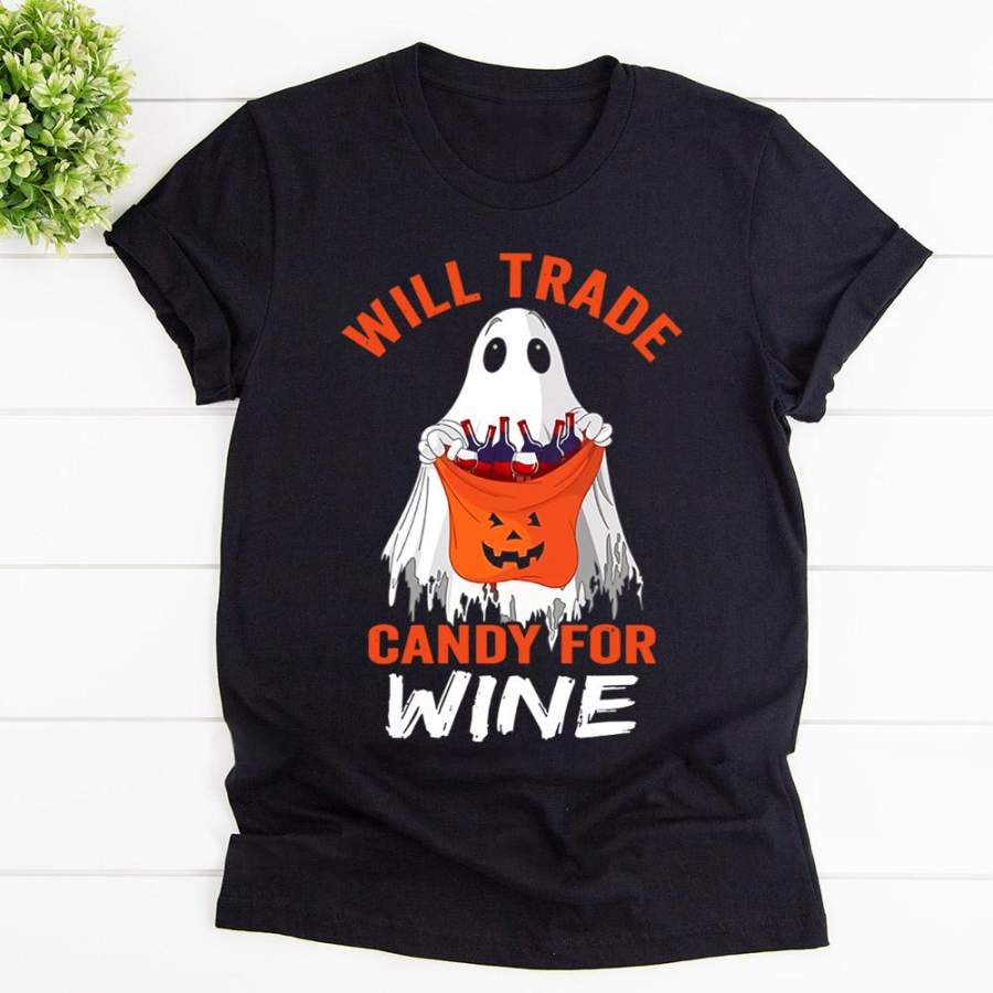 Boo will trade candy for wine Halloween black cotton t shirt for men and women S-6XL