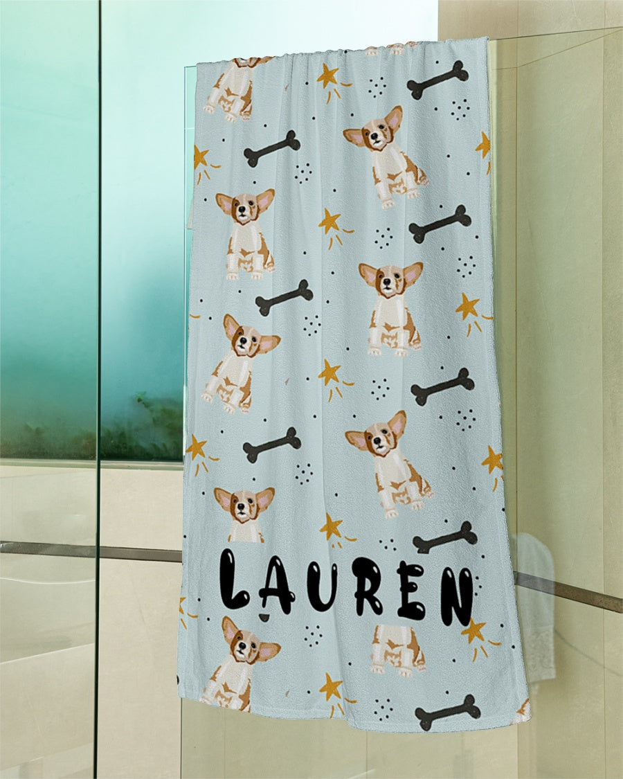 Adorable Corgi Dog Kids Beach Towel Personalized, Custom Beach Towel, Gift For Teens, Beach Towel With Name, Kids Bath Towel, Birthday Gift Towel