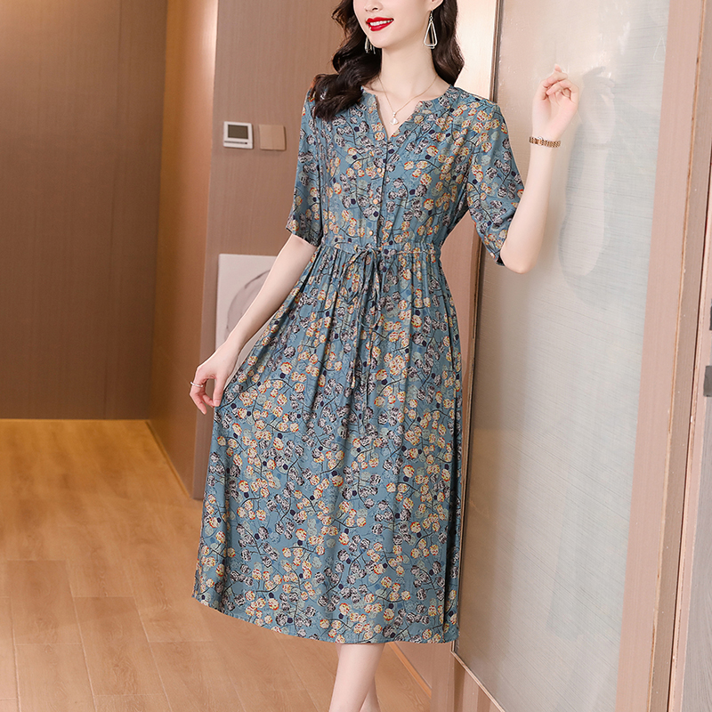 Women Luxury Floral Silk Midi Dress Summer Fashion Light Casual Party Vestidos 2022 New Korean Elegant Bodycon Office Lady Dress alx