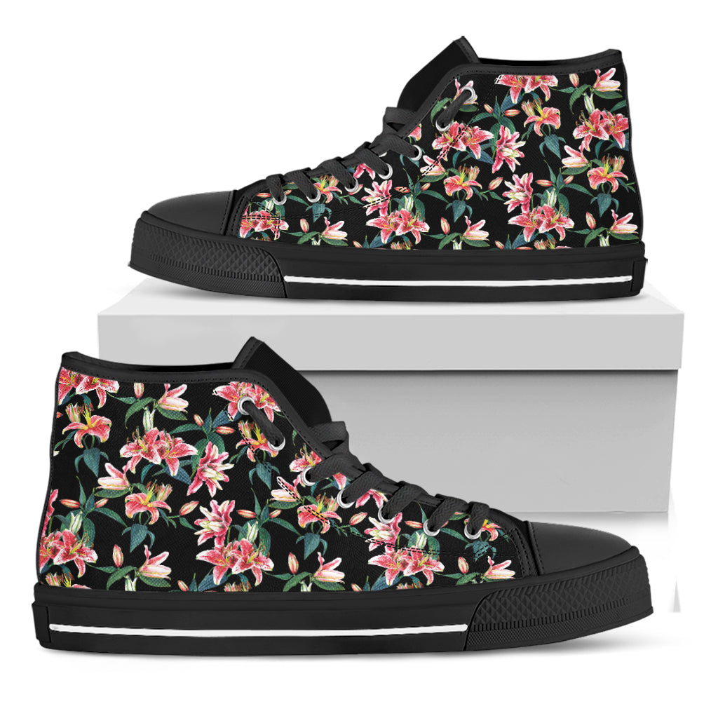 Watercolor Tropical Lily Pattern Print Black High Top Shoes