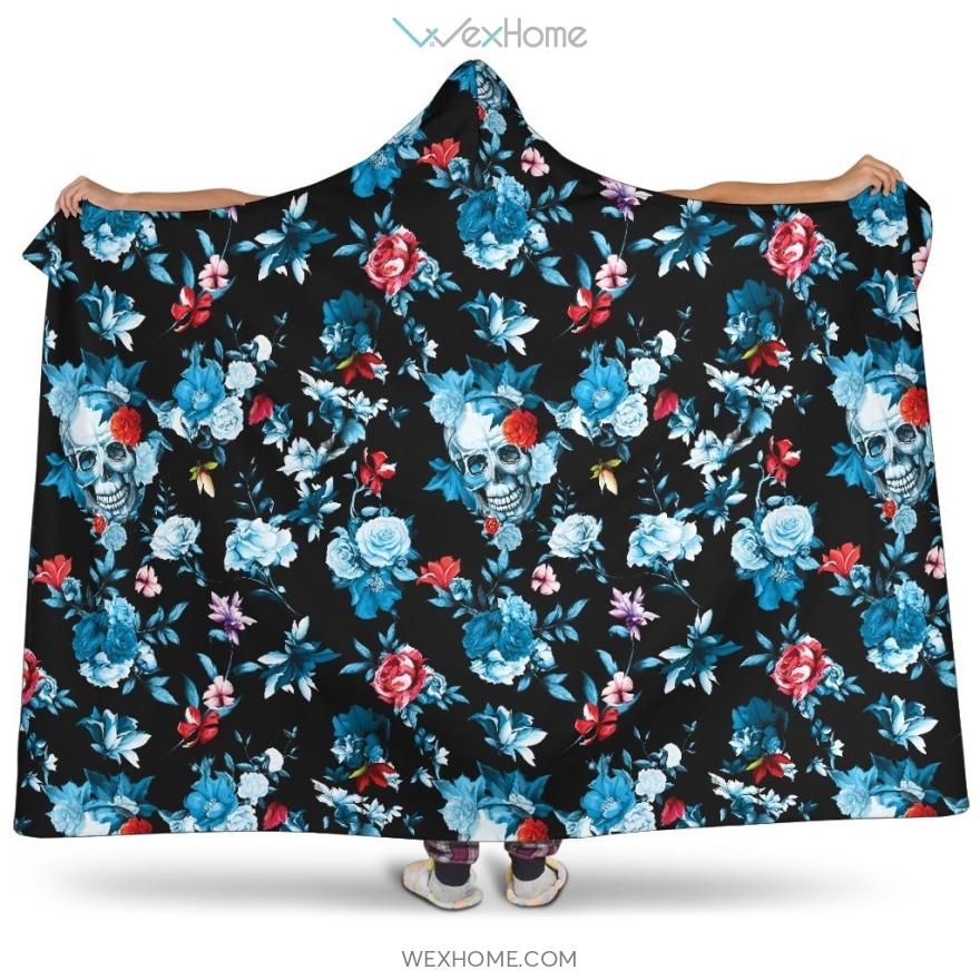 Skull Flower Roses Leave Pattern Hooded Blanket