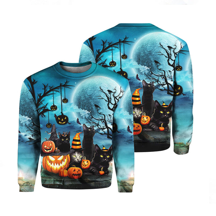 Black Cat Halloween Pumpkin Crewneck Sweatshirt All Over Print Sweatshirt For Women Sweatshirt For Men