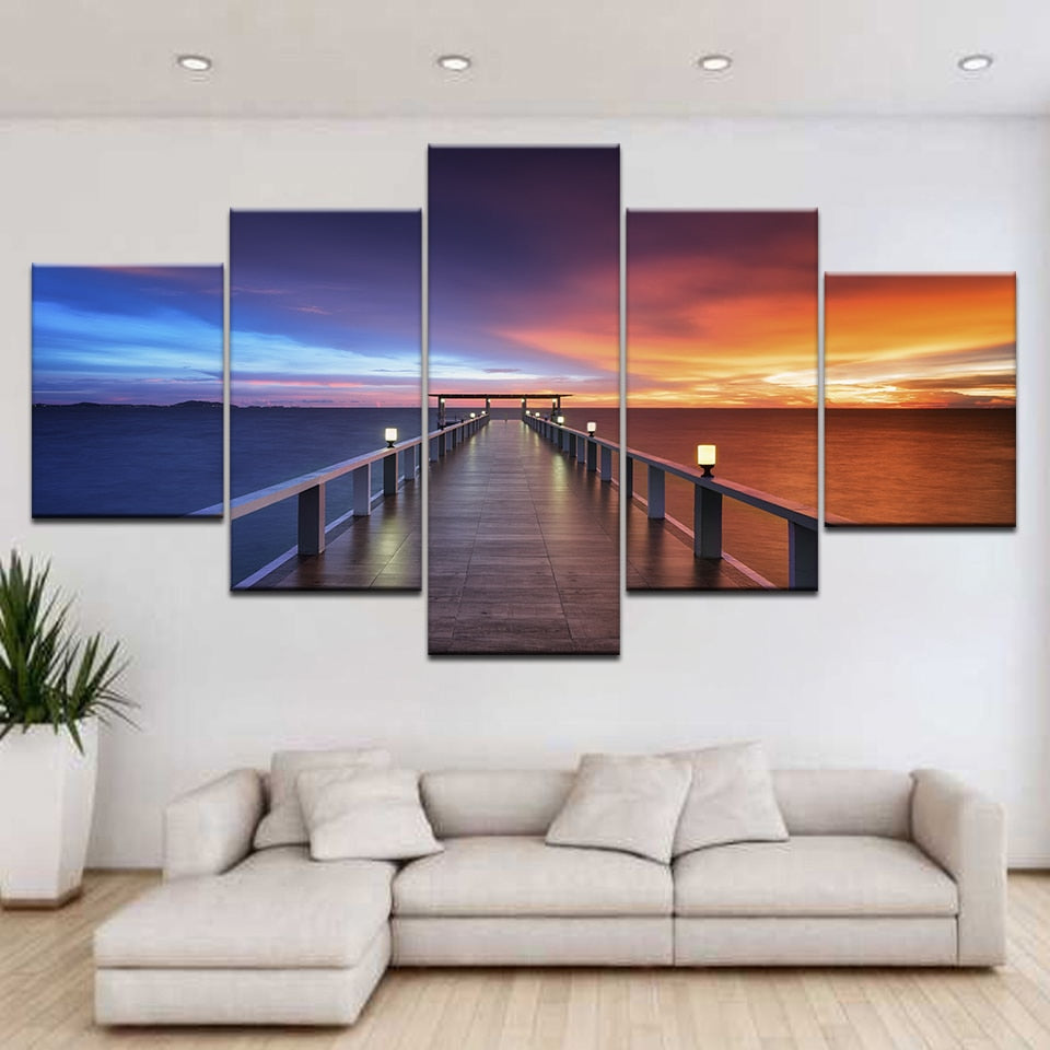 Beautiful Sunset Lake Bridge Prints Poster Home Decor 5 Panel With Frame