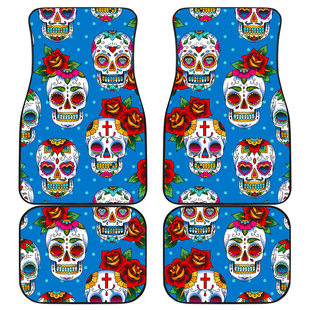 Rose Sugar Skull Pattern Print Front And Back Car Floor Mats, Front Car Mat