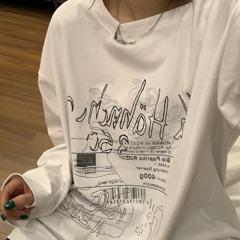 Y2K T-shirt Fairy Grunge 2021 Vintage Letter Print Tops Black Autumn Off Shoulder Long Sleeved Korean Tees Loose Harajuku Shirt alx