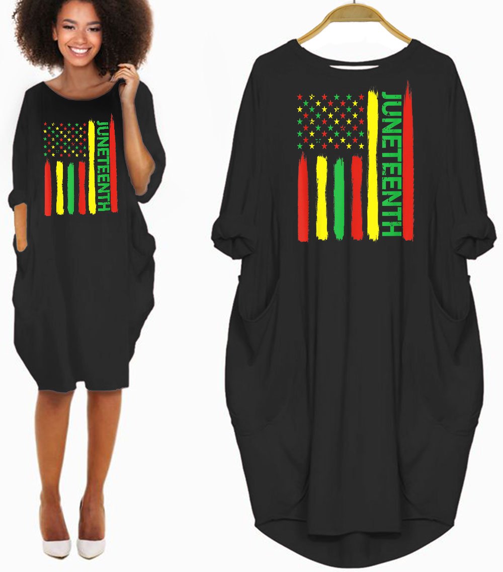 Melanin Dresses Juneteenth In Flag For Black History Day Cute Melanin Poppin Girl Long Sleeve Pocket Dress African Print Styles