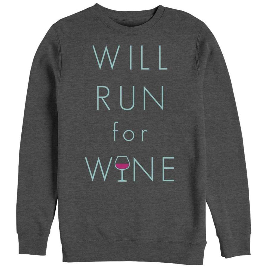 CHIN UP Men’s Will Run For Wine Glass  Sweatshirt Charcoal Heather