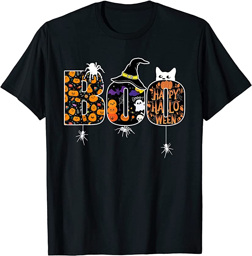 Boo Halloween Costume Cat Kitten Ghosts Pumkin & Witch Hat T-Shirt