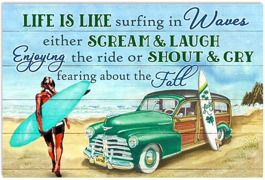 Vintage Surfing – Life Is Like Surfing In Waves Fearing About The Fall Poster Art Print      Home Decor Gift For Men Women Family Friend On Birthday Xmas