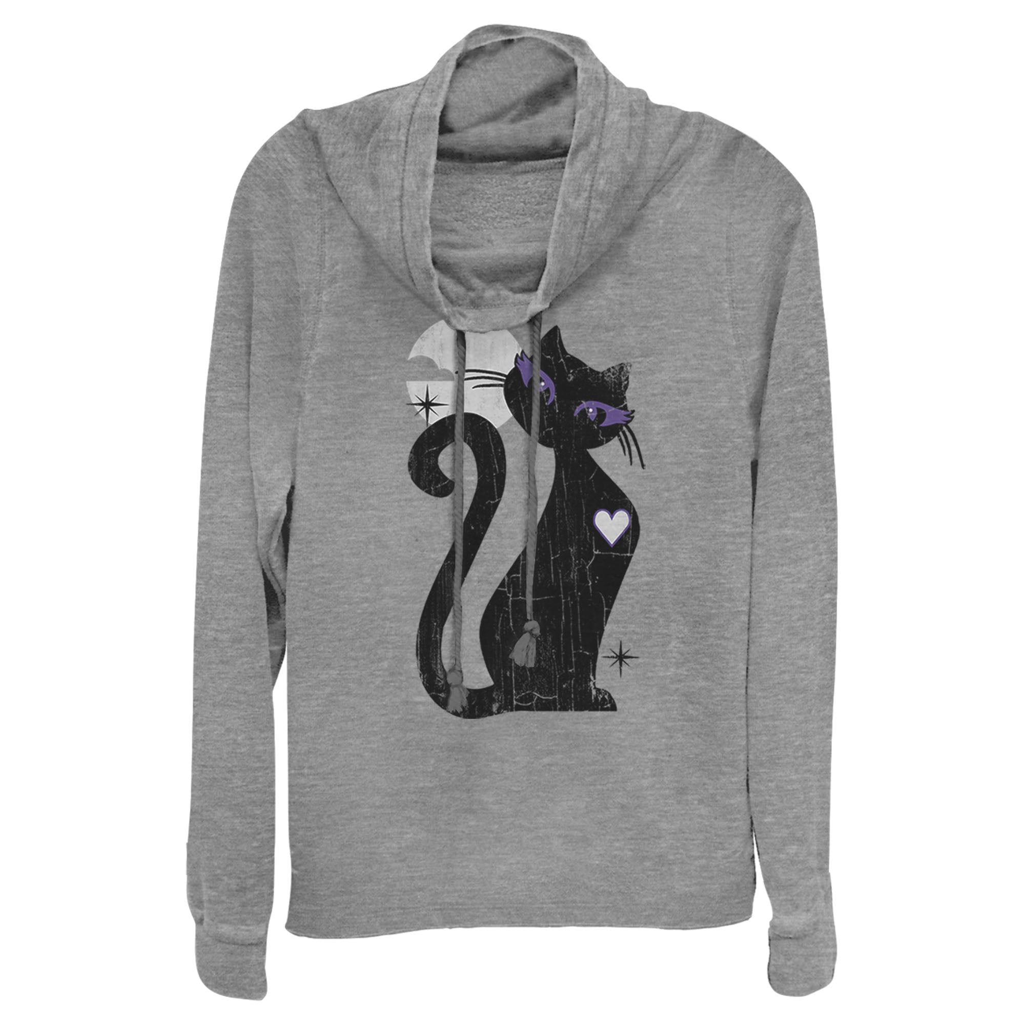 Lost Gods Junior’S Halloween Full Moon Black Cat Heart  Cowl Neck Sweatshirt