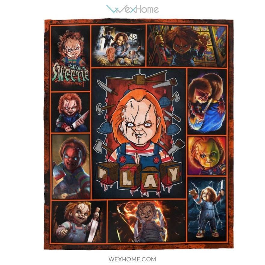 Childs Play Chucky Horror Movie Watching Velveteen Plush Blanket Unique Design W1511