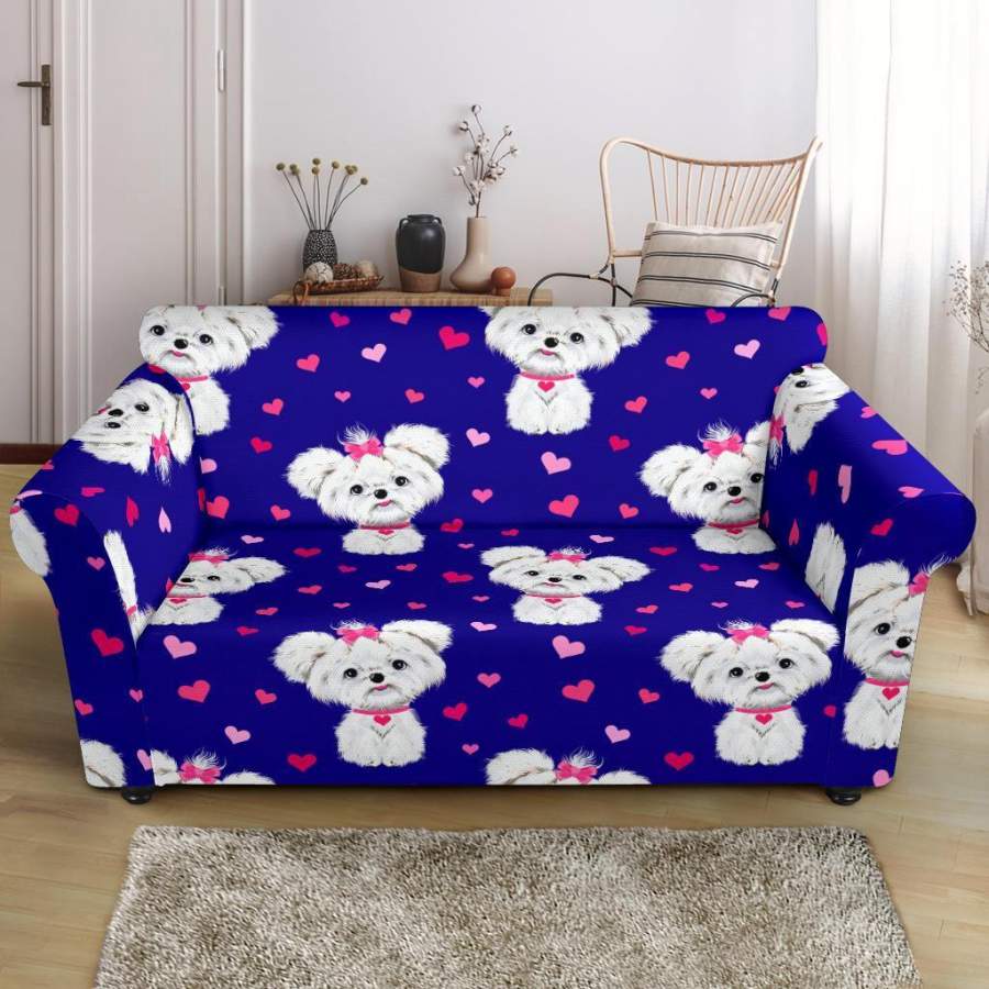 Puppy Dog Maltese Pattern Print Loveseat Cover