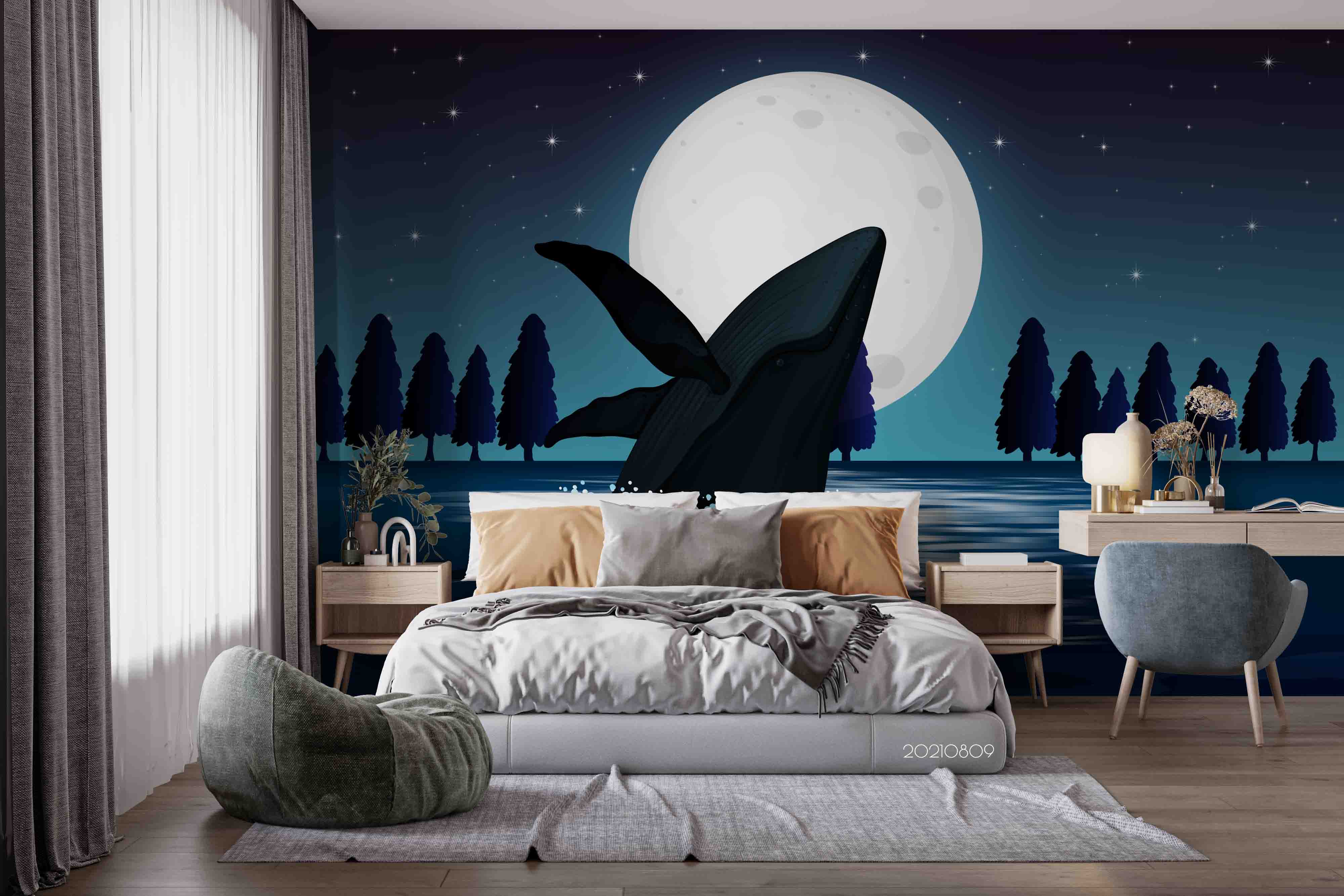 3D Hand-Painted Full Moon Whale Jumping Wall Mural Wallpaper Sww4946