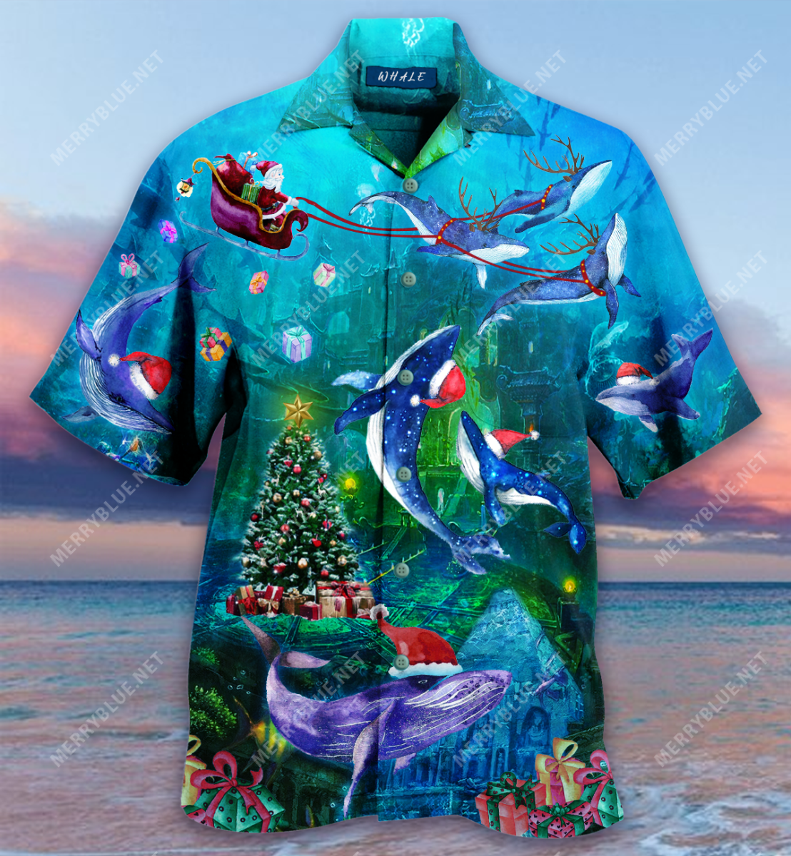 Chirstmas Whales Under The Sea Short Sleeve Shirt