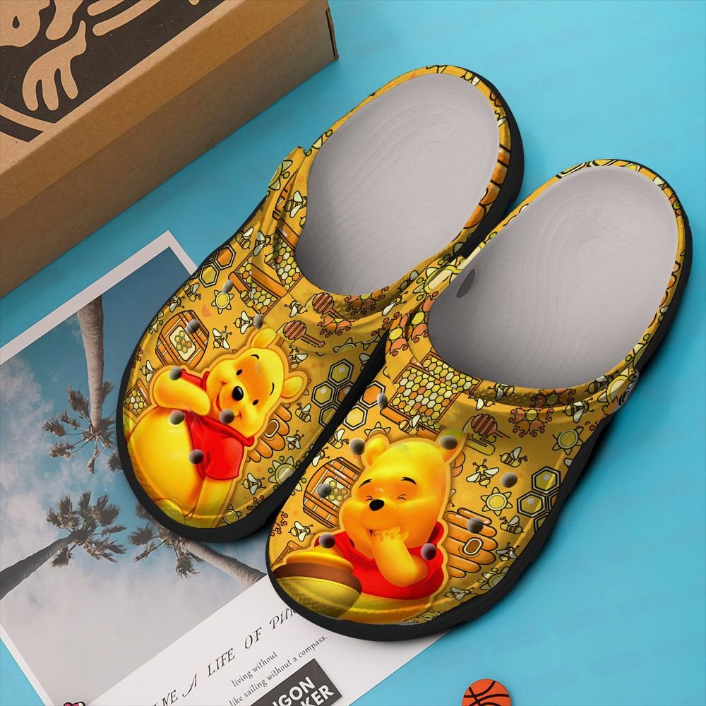 Winnie The Pooh Yellow Rubber Crocs Crocband Clogs, Comfy Footwear