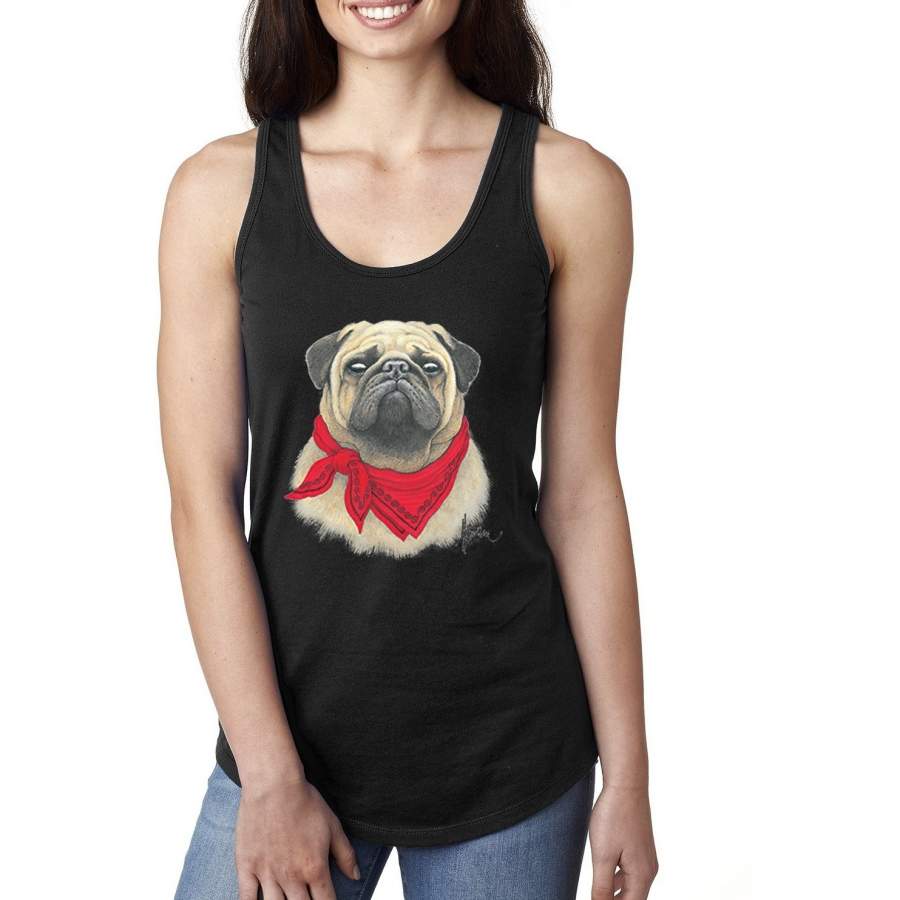 Pug Wearing Red Bandana Animal Lover Ladies Racerback Tank Top