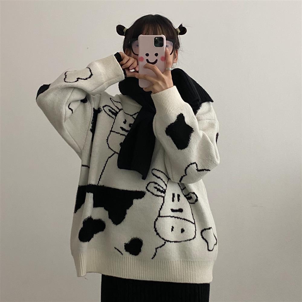 Vintage Casual Cow Print Sweater Women Winter O Neck Loose Lazy Sweater Femme Korean Harajuku Knitted Pullover Cute Sweet Jumper alx