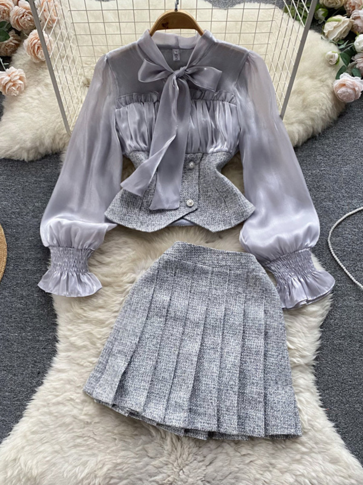 Autumn Fashion Tweed Sets Elegant Bow Bandage Sexy See Through Lantern Sleeve Blouse + High Waist Pleated Skirts Two-piece Suit alx