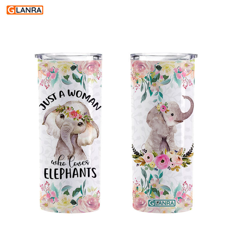 Just A Woman Who Love Elephants Skinny Tumbler, Elephant Flower Skinny Tumbler, Stainless Steel, Water Bottle, Glitter, Metal, Insulated, Tumbler