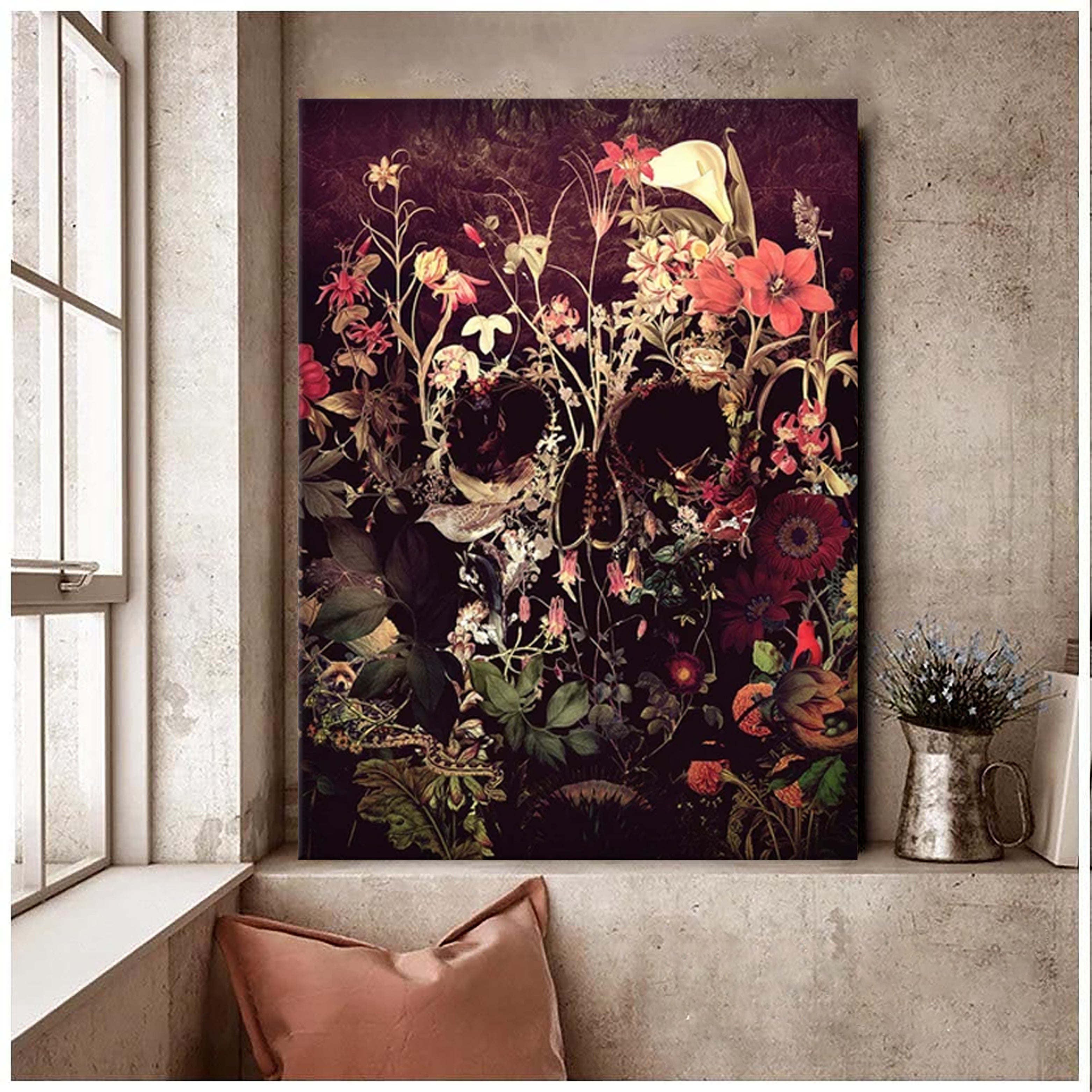 Bloom Skull Canvas Print, Flower Skull Canvas Art Print, Sugar Skull Canvas Art Home Decor Gift, Gothic Floral Skull Wall Art