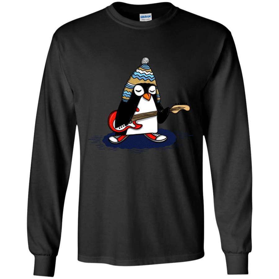 Penguin Playing Guitar – Mens – Long Sleeved Tshirt – Small to 5XL