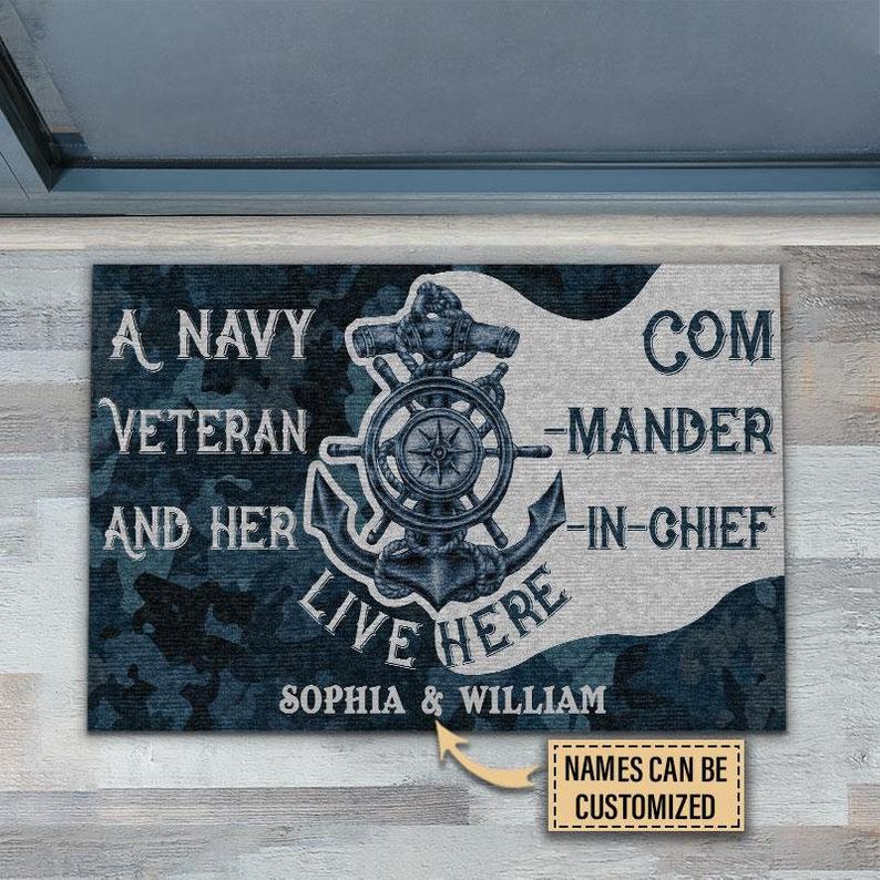 Veteran Welcome Rug, Custom Doormat, Personalized Navy Veteran Her Commander-In-Chief Live Here Doormat